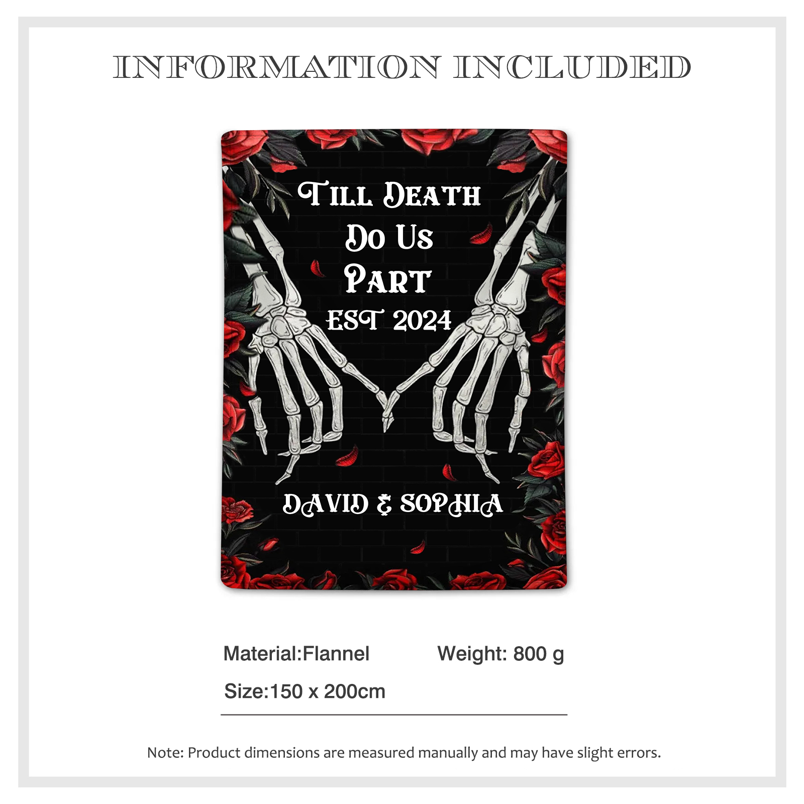 Till Death Do Us Part Personalised Couple Blanket with 2 Names Roses and Skeleton Hands-Jessemade AU