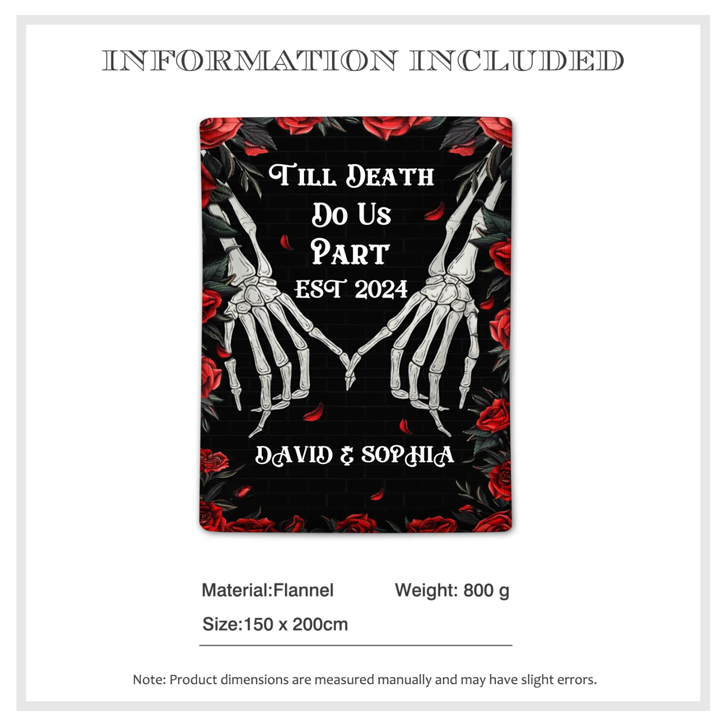 Till Death Do Us Part Personalised Couple Blanket with 2 Names Roses and Skeleton Hands-Jessemade AU