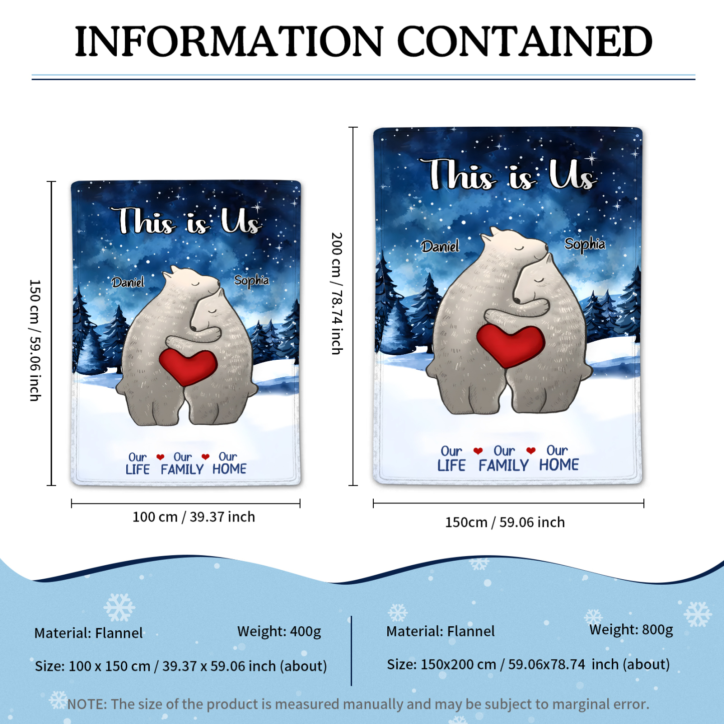 Personalised Polar Bear Family Flannel Blanket Custom 2 Names Gift For Lover-Jessemade AU