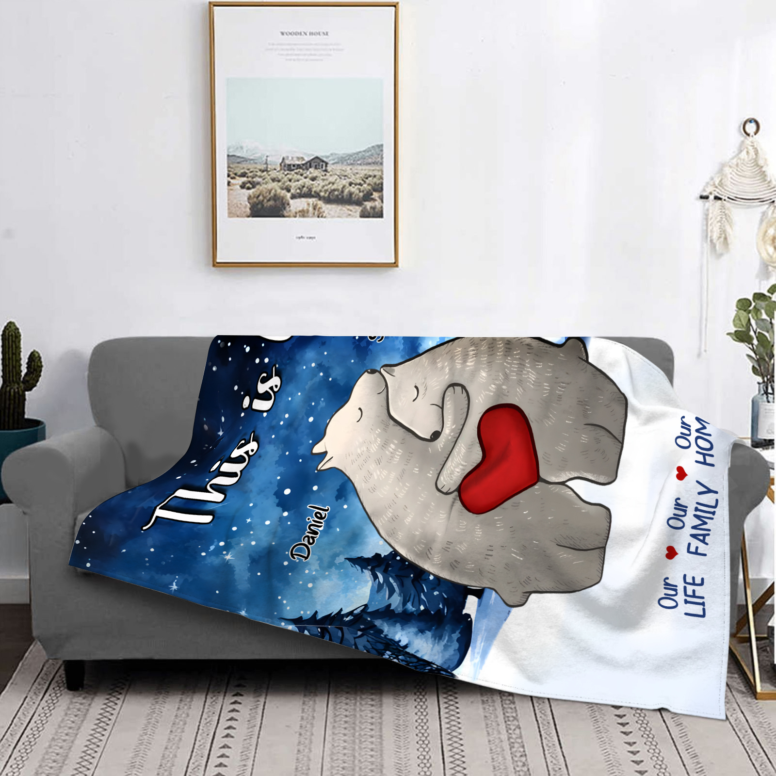 Personalised Polar Bear Family Flannel Blanket Custom 2 Names Gift For Lover-Jessemade AU