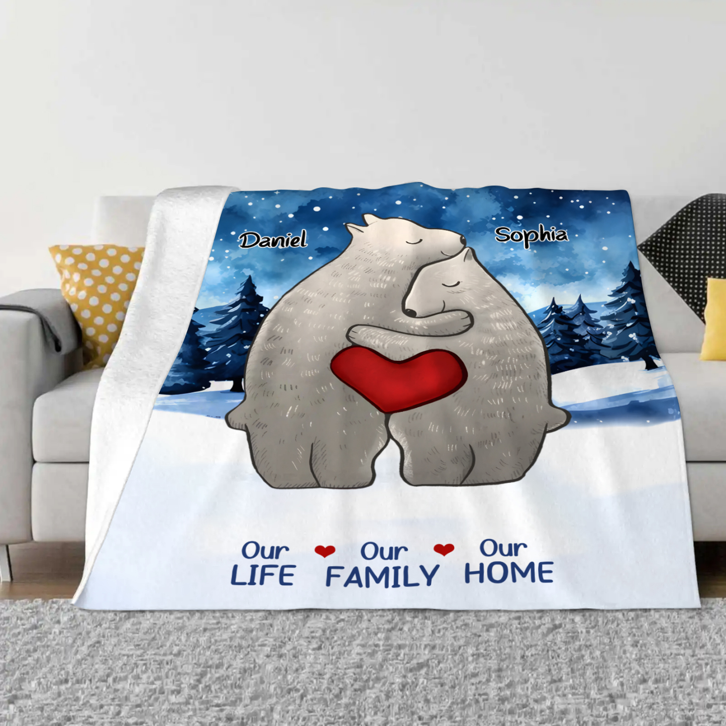 Personalised Polar Bear Family Flannel Blanket Custom 2 Names Gift For Lover-Jessemade AU