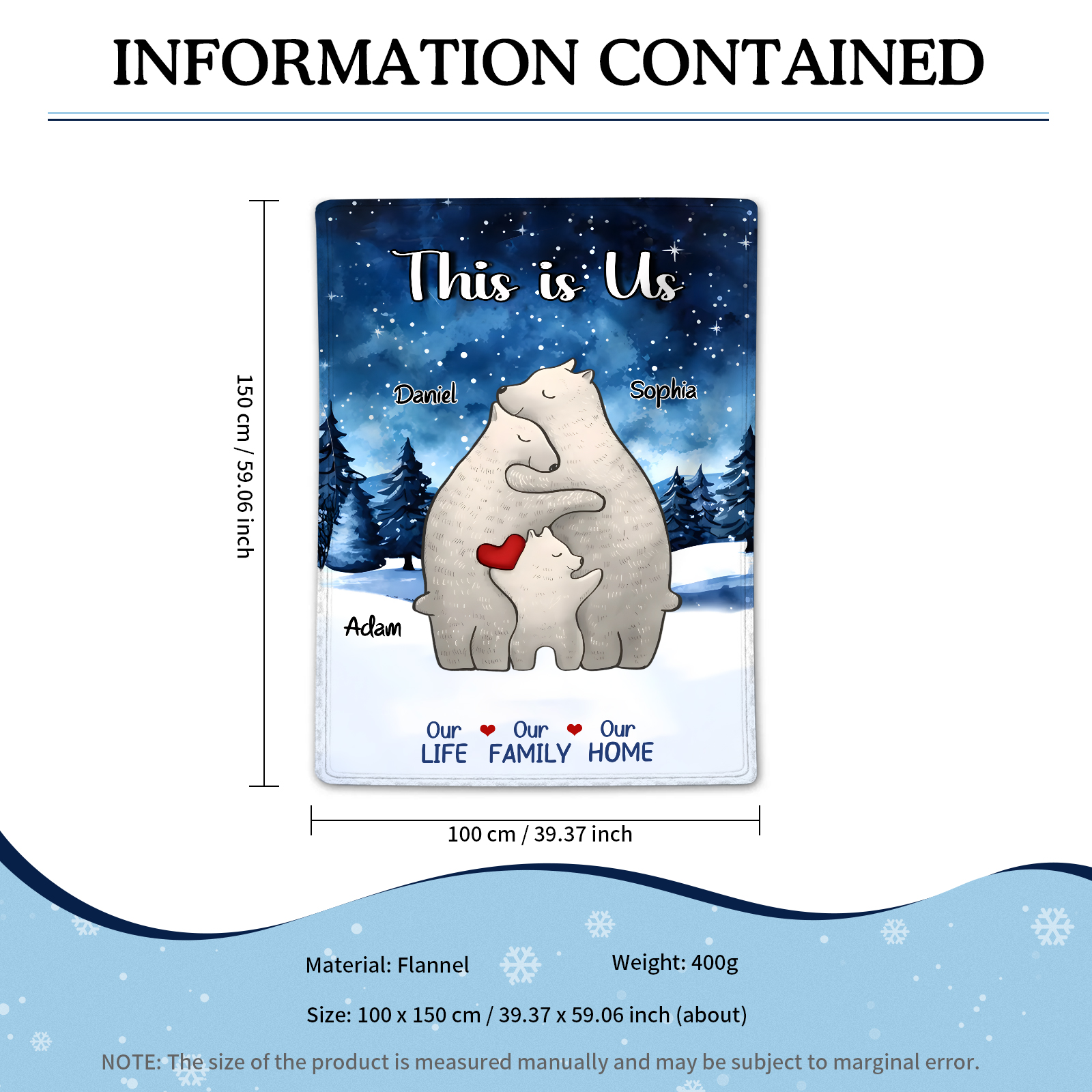Personalised Polar Bear Family Flannel Blanket Custom 3 Names Gift For Mom Dad & Kids-Jessemade AU