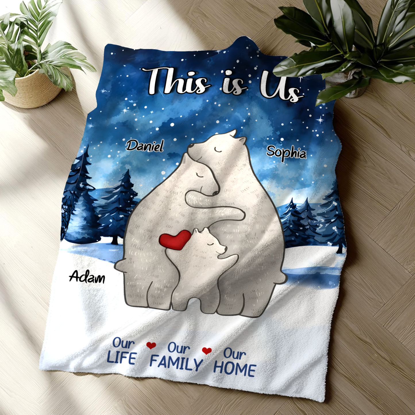 Personalised Polar Bear Family Flannel Blanket Custom 3 Names Gift For Mom Dad & Kids-Jessemade AU