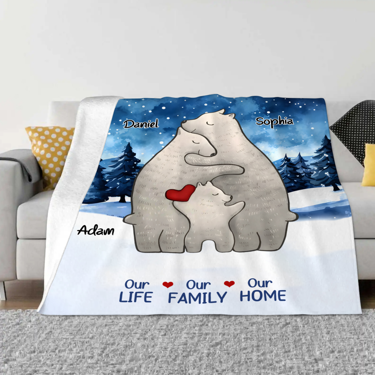 Personalised Polar Bear Family Flannel Blanket Custom 3 Names Gift For Mom Dad & Kids-Jessemade AU