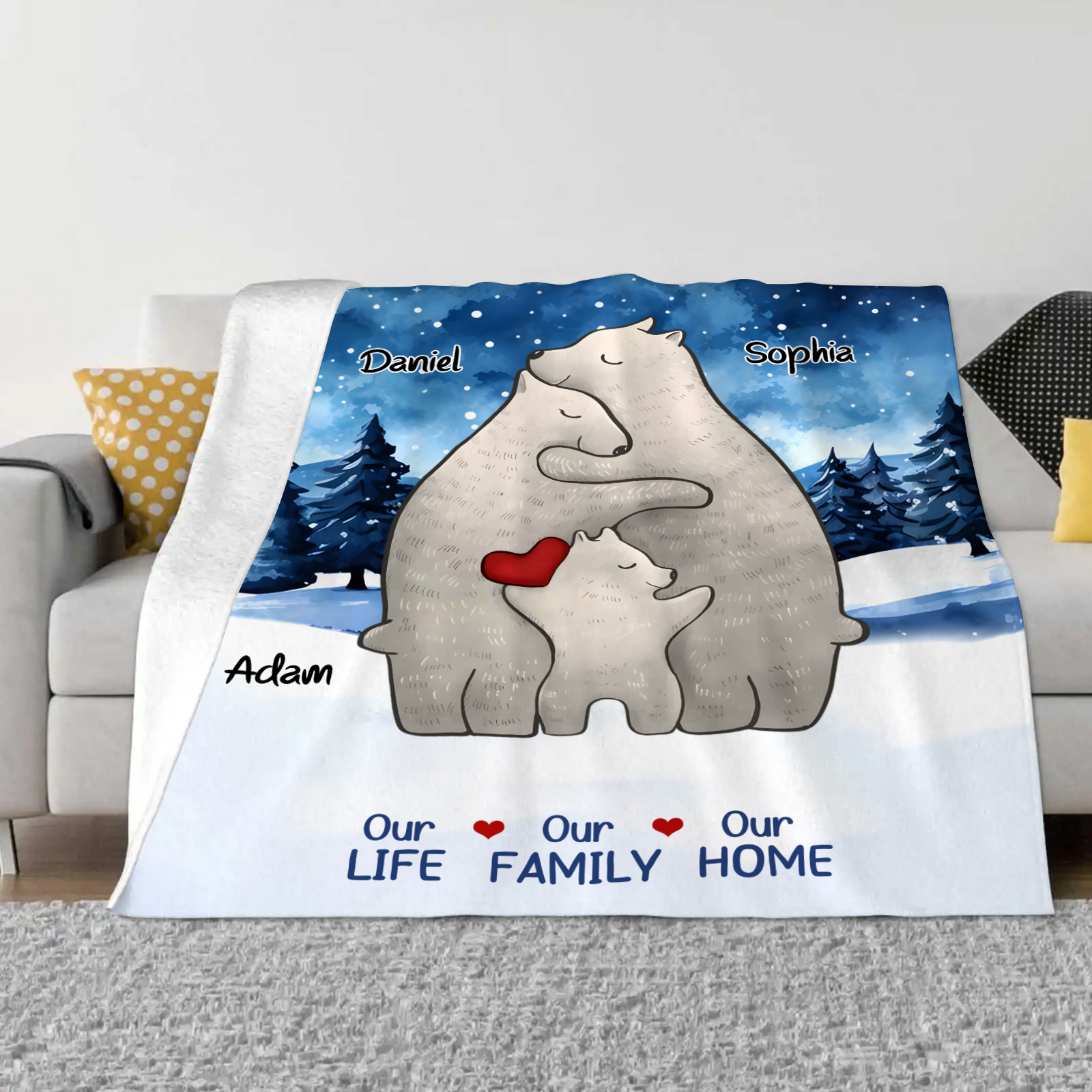 Personalised Polar Bear Family Flannel Blanket Custom 3 Names Gift For Mom Dad & Kids-Jessemade AU