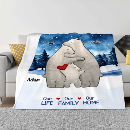 Personalised Polar Bear Family Flannel Blanket Custom 3 Names Gift For Mom Dad & Kids-Jessemade AU