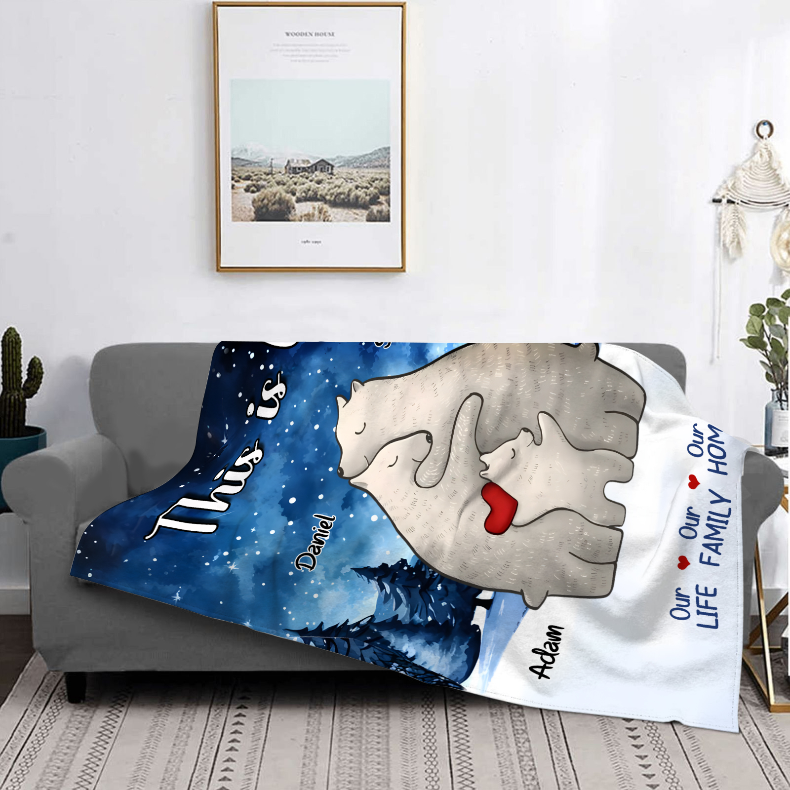 Personalised Polar Bear Family Flannel Blanket Custom 3 Names Gift For Mom Dad & Kids