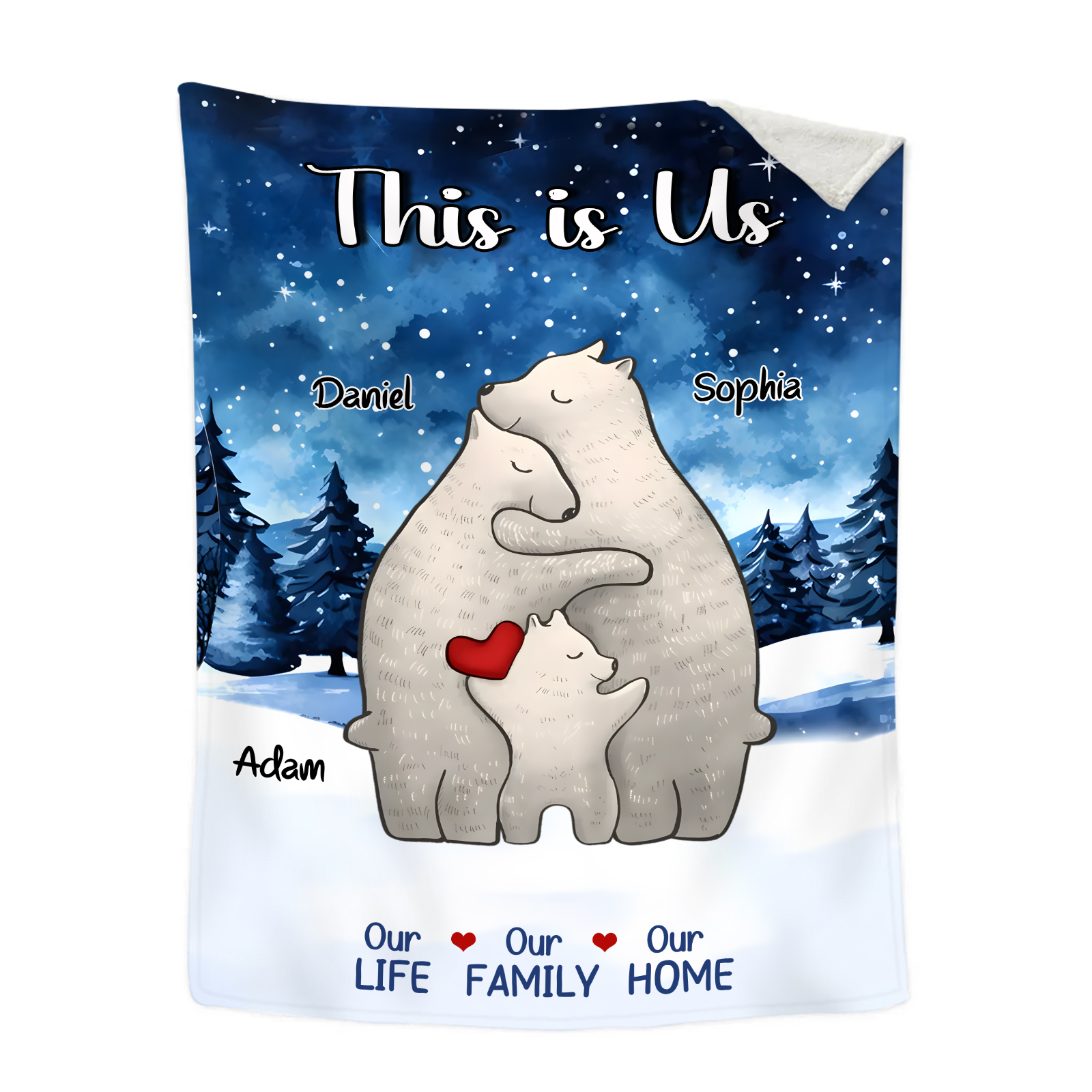 Personalised Polar Bear Family Flannel Blanket Custom 3 Names Gift For Mom Dad & Kids