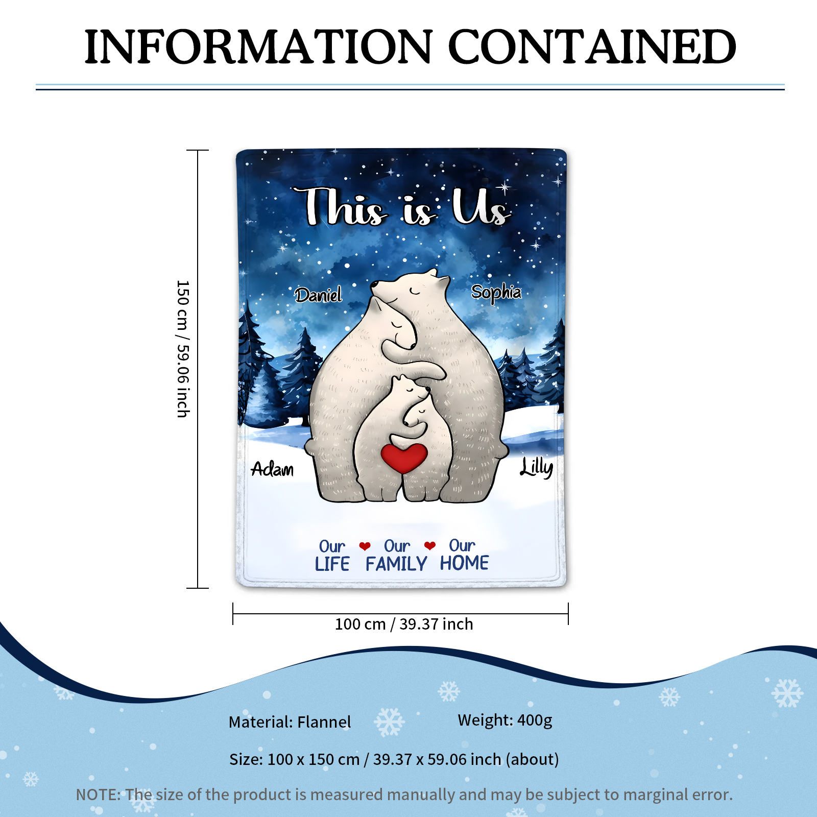 Personalised Polar Bear Family Flannel Blanket Custom 4 Names Gift For Mom Dad & Kids-Jessemade AU