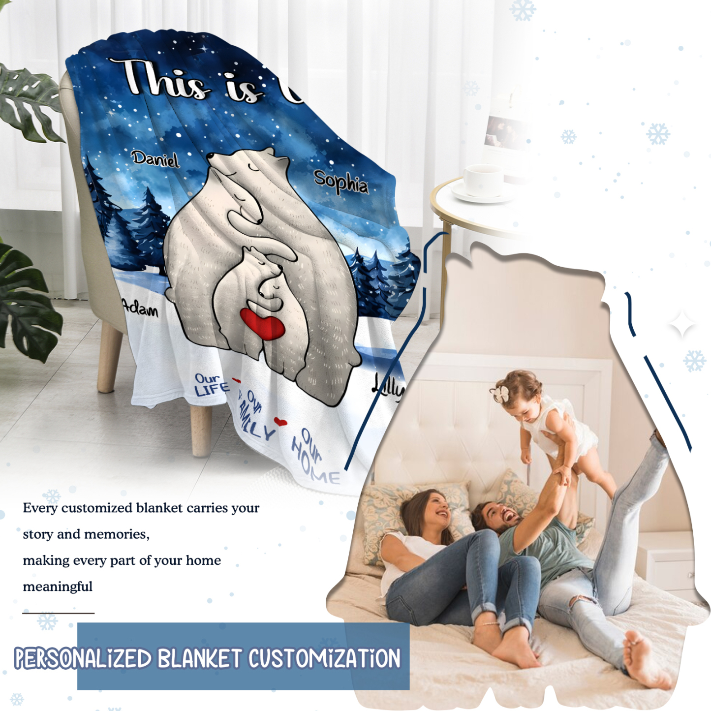 Personalised Polar Bear Family Flannel Blanket Custom 4 Names Gift For Mom Dad & Kids-Jessemade AU