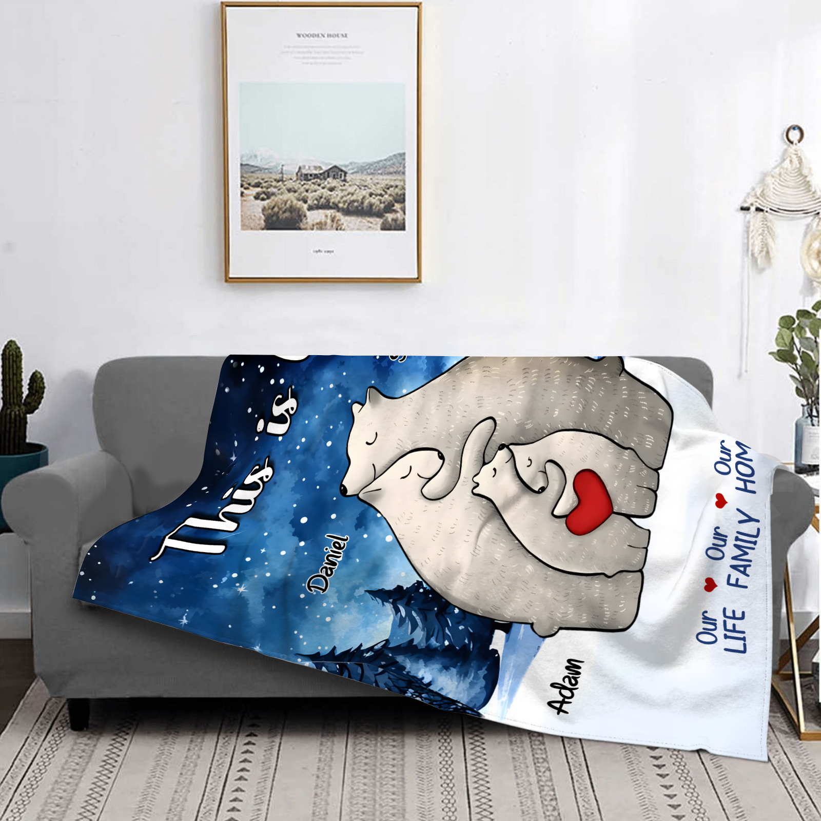 Personalised Polar Bear Family Flannel Blanket Custom 4 Names Gift For Mom Dad & Kids-Jessemade AU