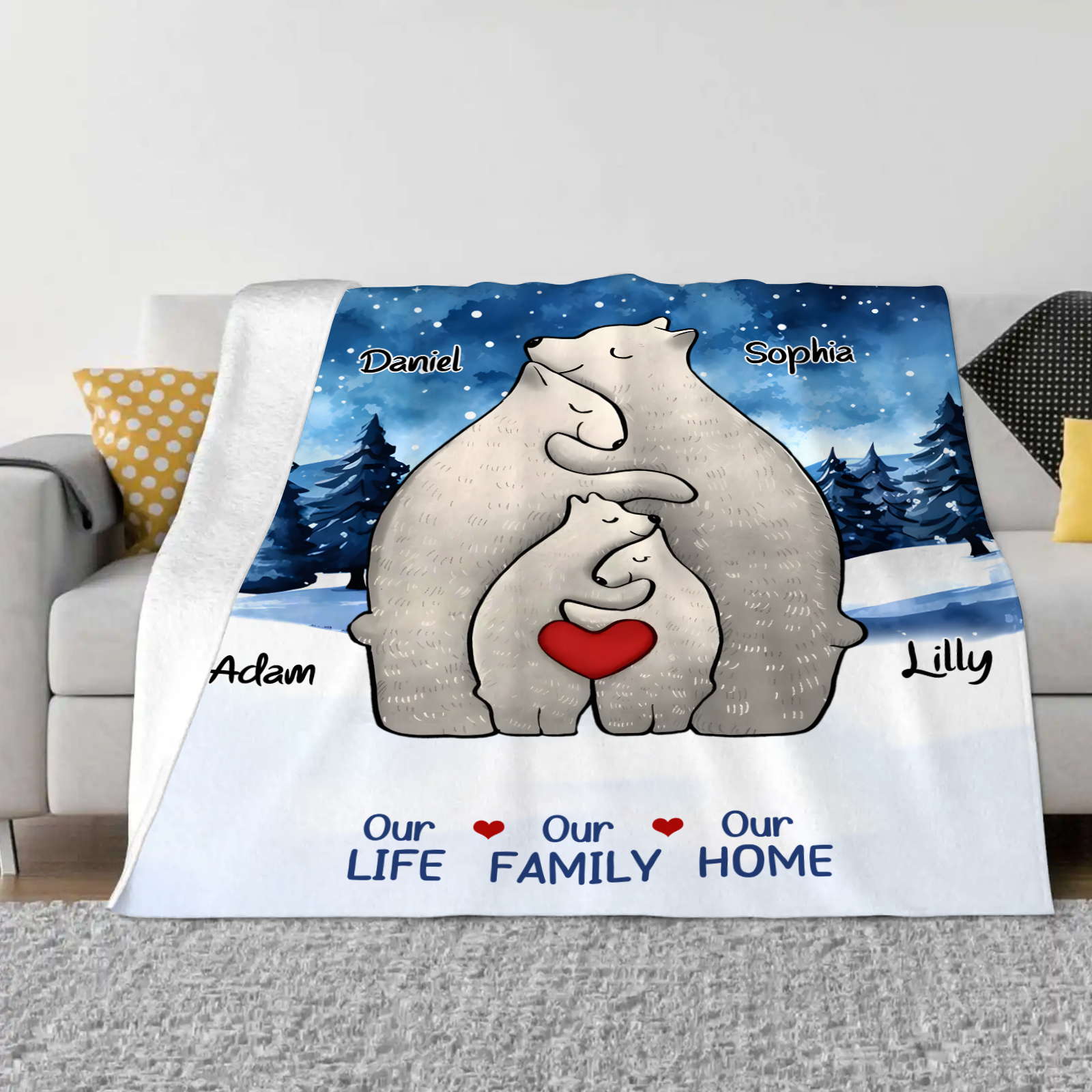 Personalised Polar Bear Family Flannel Blanket Custom 4 Names Gift For Mom Dad & Kids-Jessemade AU