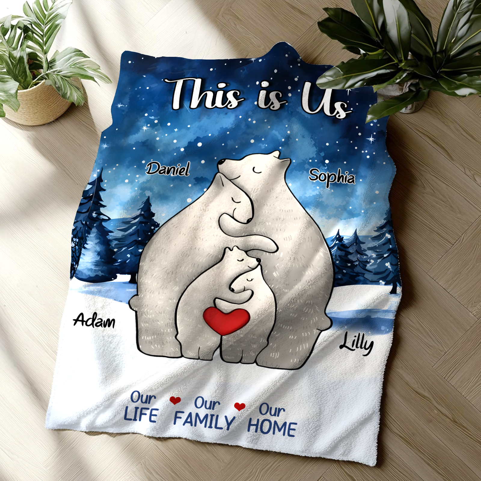 Personalised Polar Bear Family Flannel Blanket Custom 4 Names Gift For Mom Dad & Kids-Jessemade AU