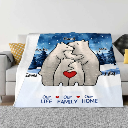 Personalised Polar Bear Family Flannel Blanket Custom 5 Names Gift For Mom Dad & Kids-Jessemade AU