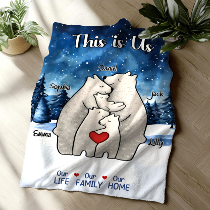 Personalised Polar Bear Family Flannel Blanket Custom 5 Names Gift For Mom Dad & Kids-Jessemade AU