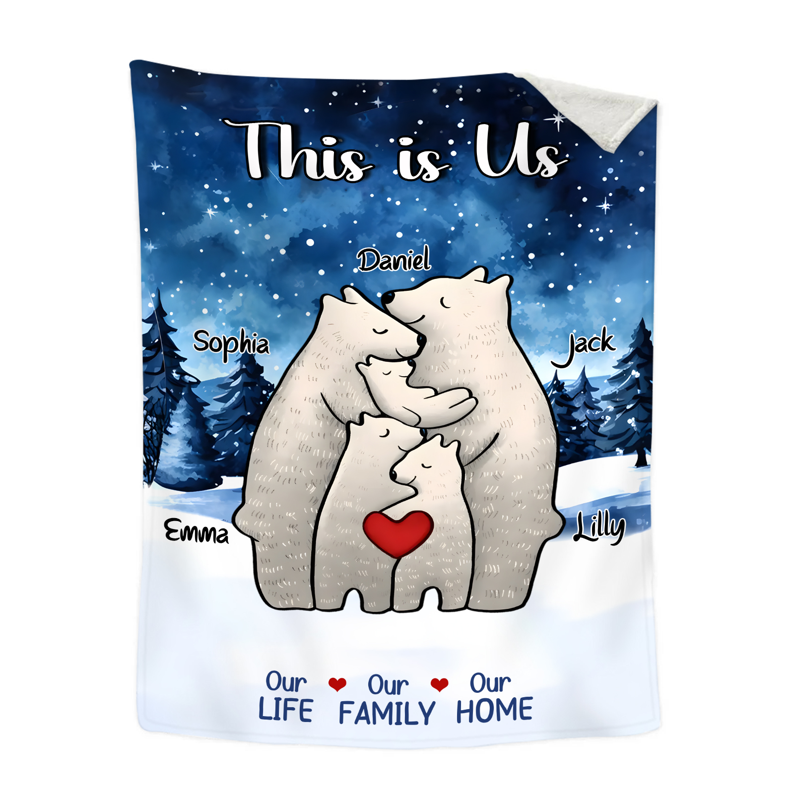 Personalised Polar Bear Family Flannel Blanket Custom 5 Names Gift For Mom Dad & Kids