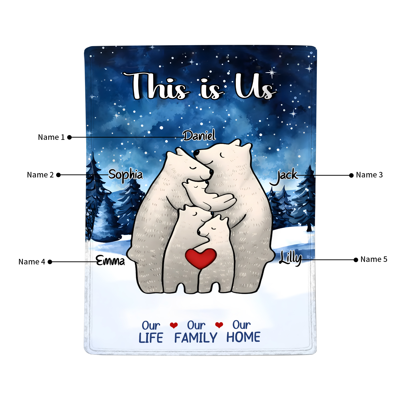 Personalised Polar Bear Family Flannel Blanket Custom 5 Names Gift For Mom Dad & Kids-Jessemade AU