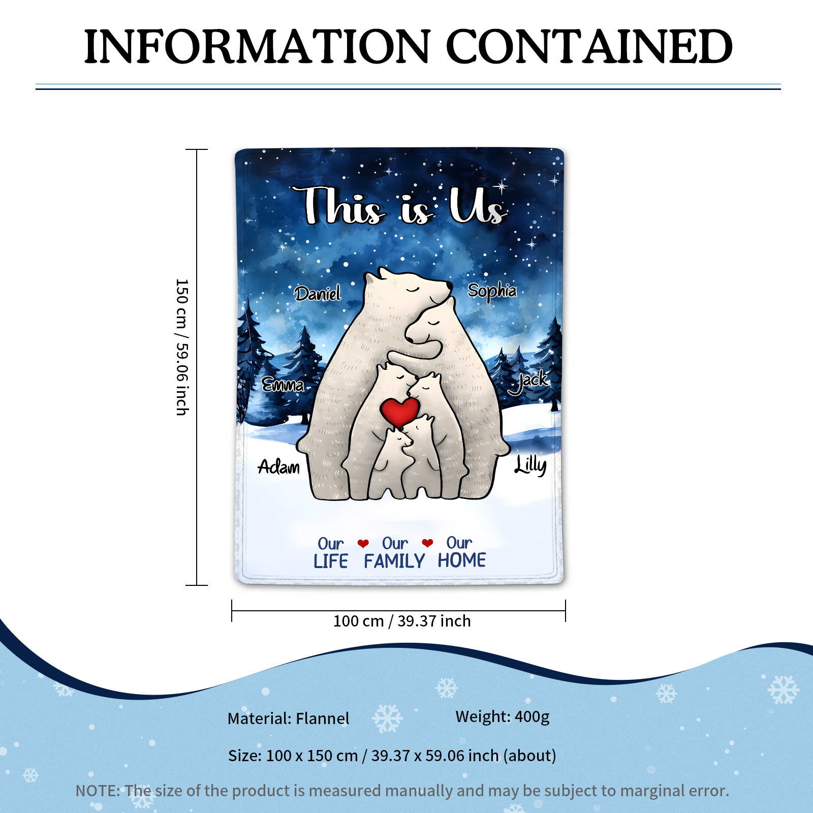 Personalised Polar Bear Family Flannel Blanket Custom 6 Names Gift For Mom Dad & Kids-Jessemade AU