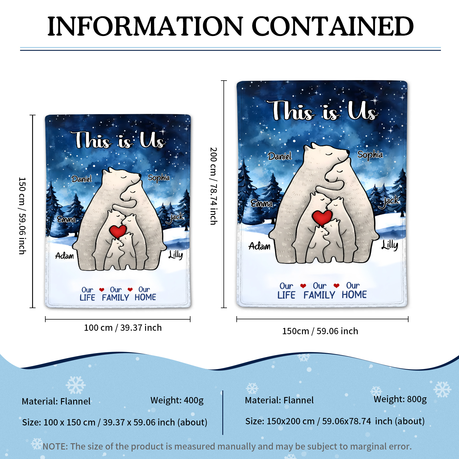 Personalised Polar Bear Family Flannel Blanket Custom 6 Names Gift For Mom Dad & Kids-Jessemade AU