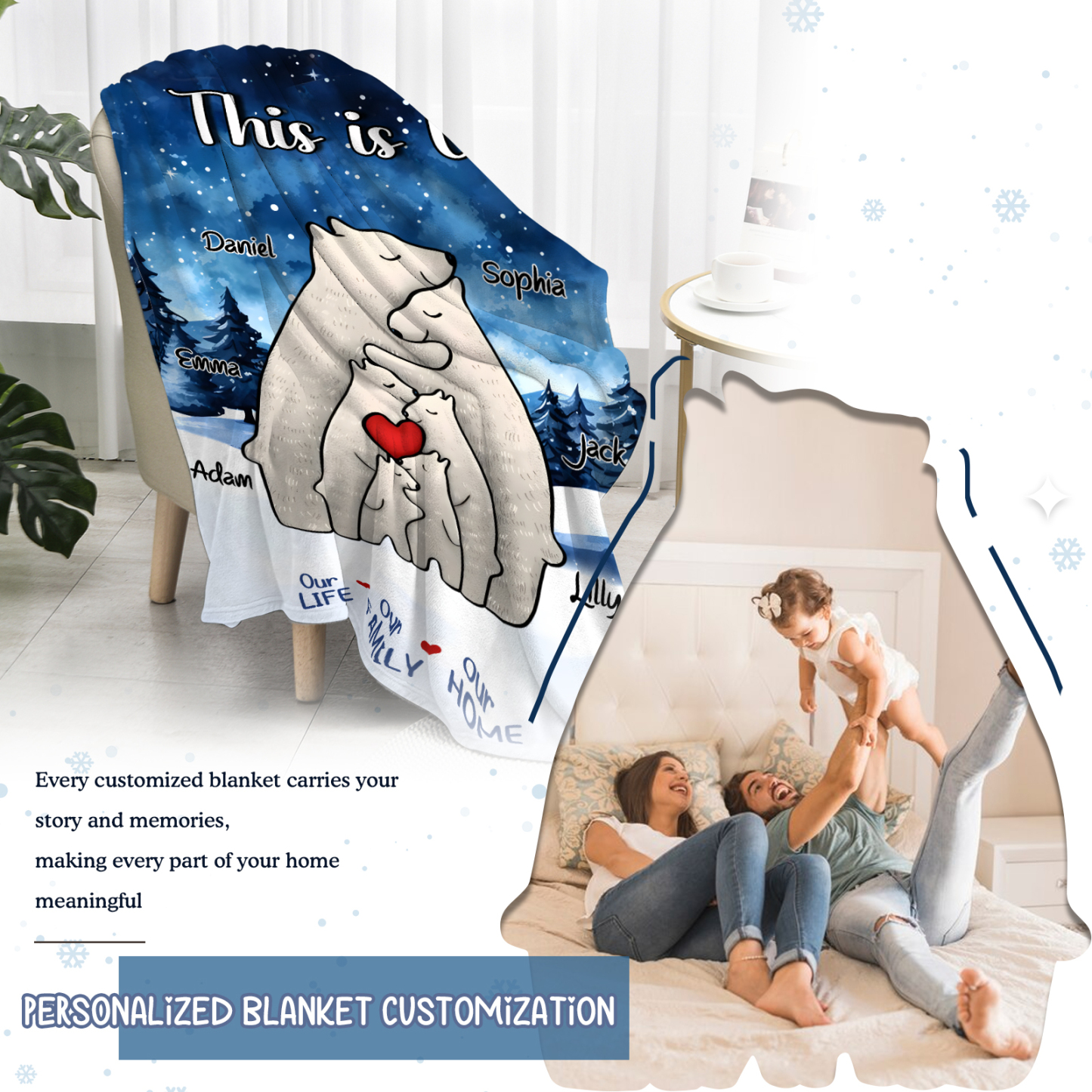 Personalised Polar Bear Family Flannel Blanket Custom 6 Names Gift For Mom Dad & Kids-Jessemade AU