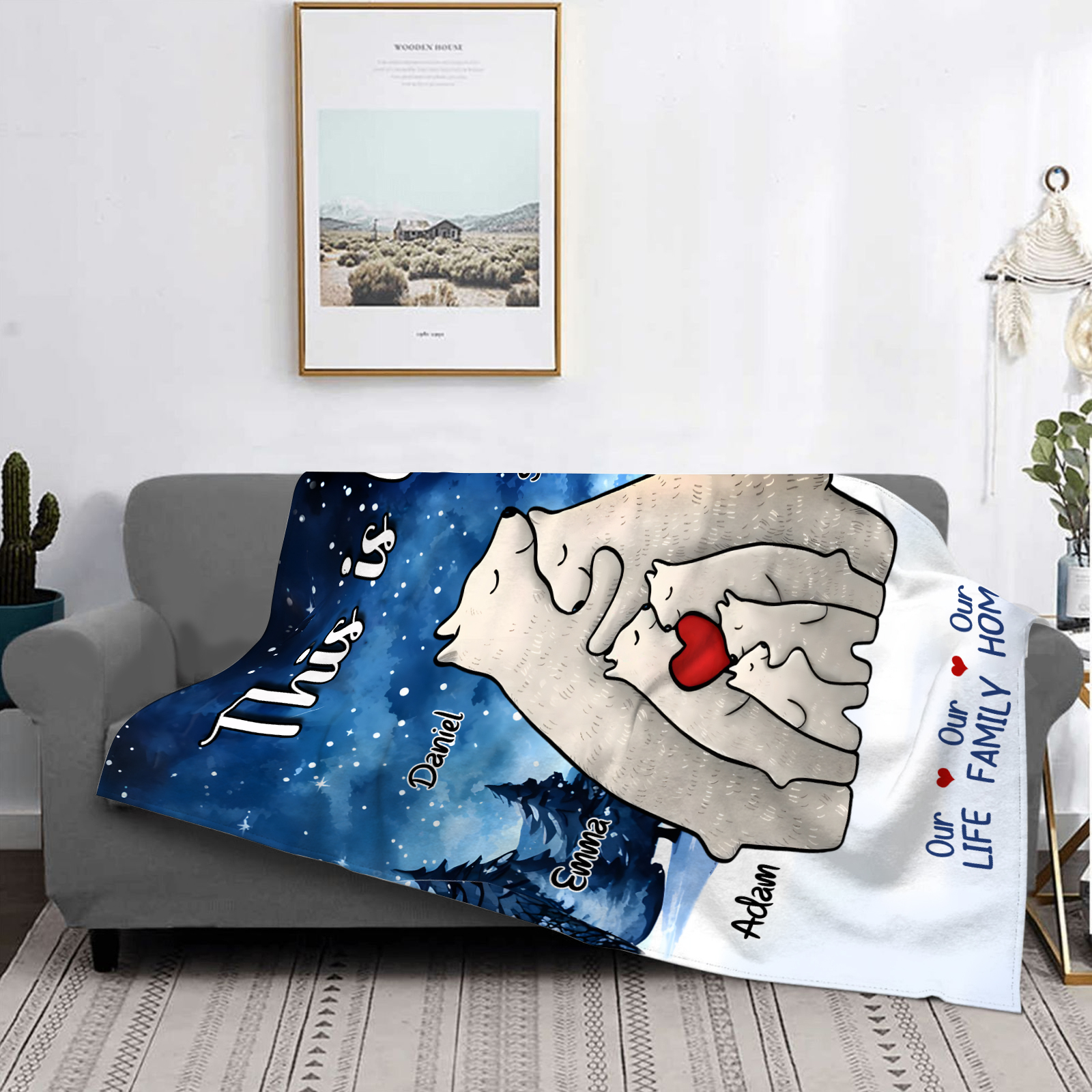 Personalised Polar Bear Family Flannel Blanket Custom 6 Names Gift For Mom Dad & Kids-Jessemade AU