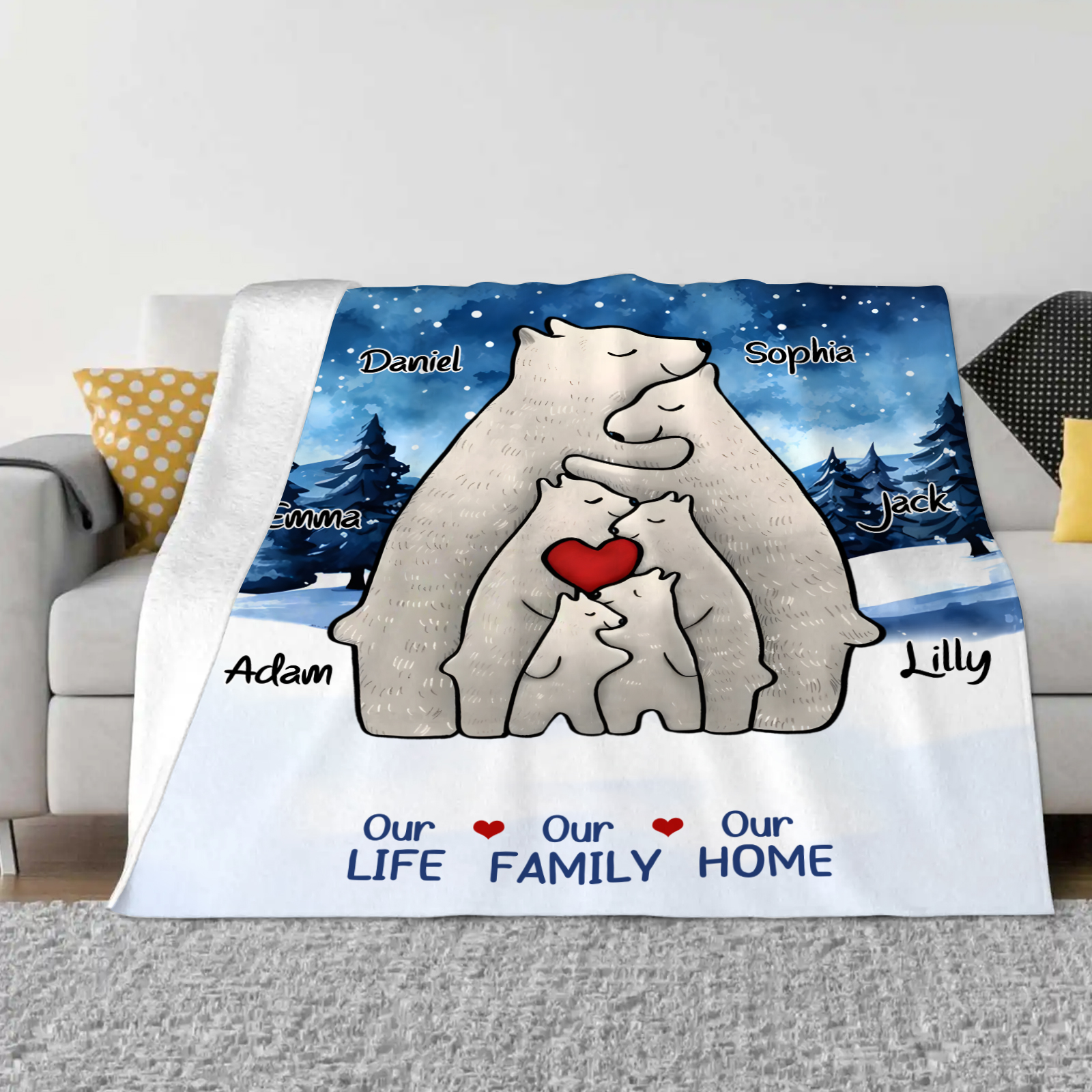 Personalised Polar Bear Family Flannel Blanket Custom 6 Names Gift For Mom Dad & Kids