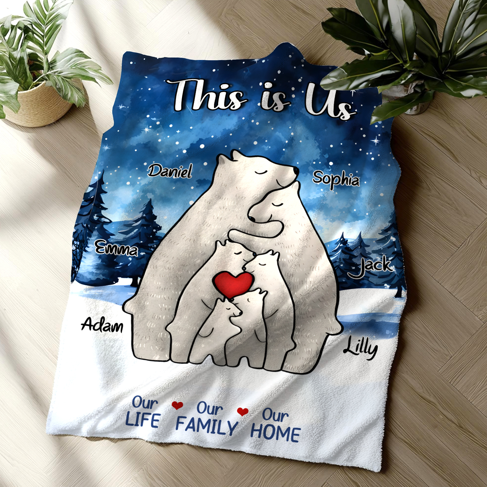 Personalised Polar Bear Family Flannel Blanket Custom 6 Names Gift For Mom Dad & Kids-Jessemade AU