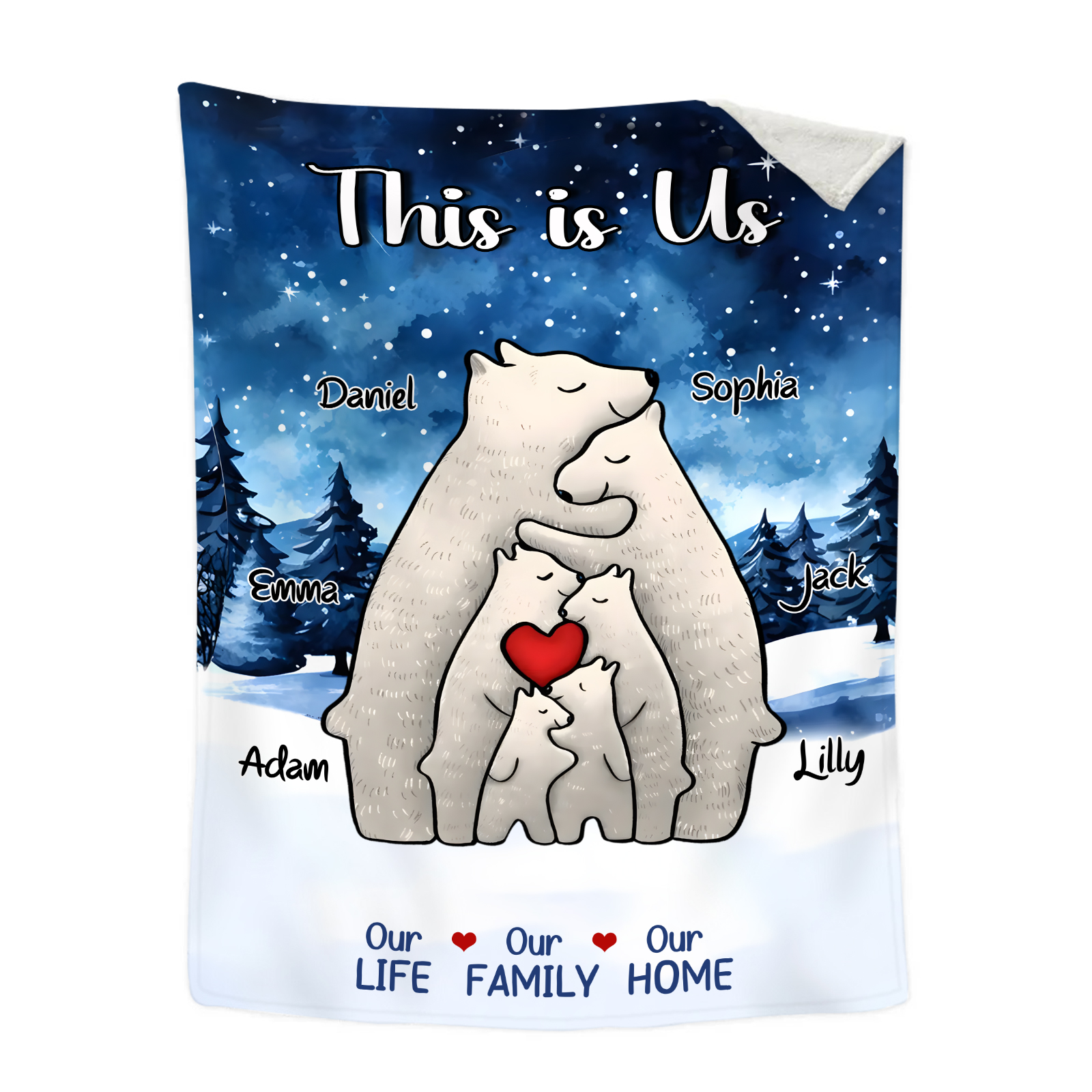 Personalised Polar Bear Family Flannel Blanket Custom 6 Names Gift For Mom Dad & Kids