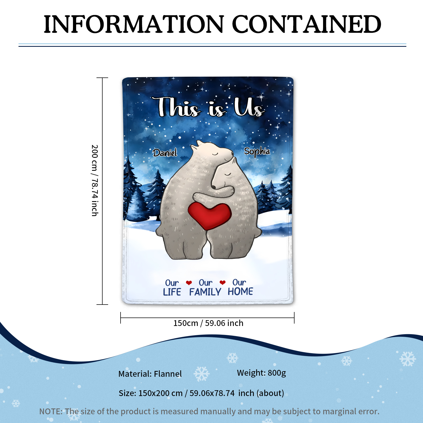 Personalised Polar Bear Family Flannel Blanket Custom 2 Names Gift For Lover-Jessemade AU