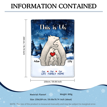 Personalised Polar Bear Family Flannel Blanket Custom 6 Names Gift For Mom Dad & Kids-Jessemade AU