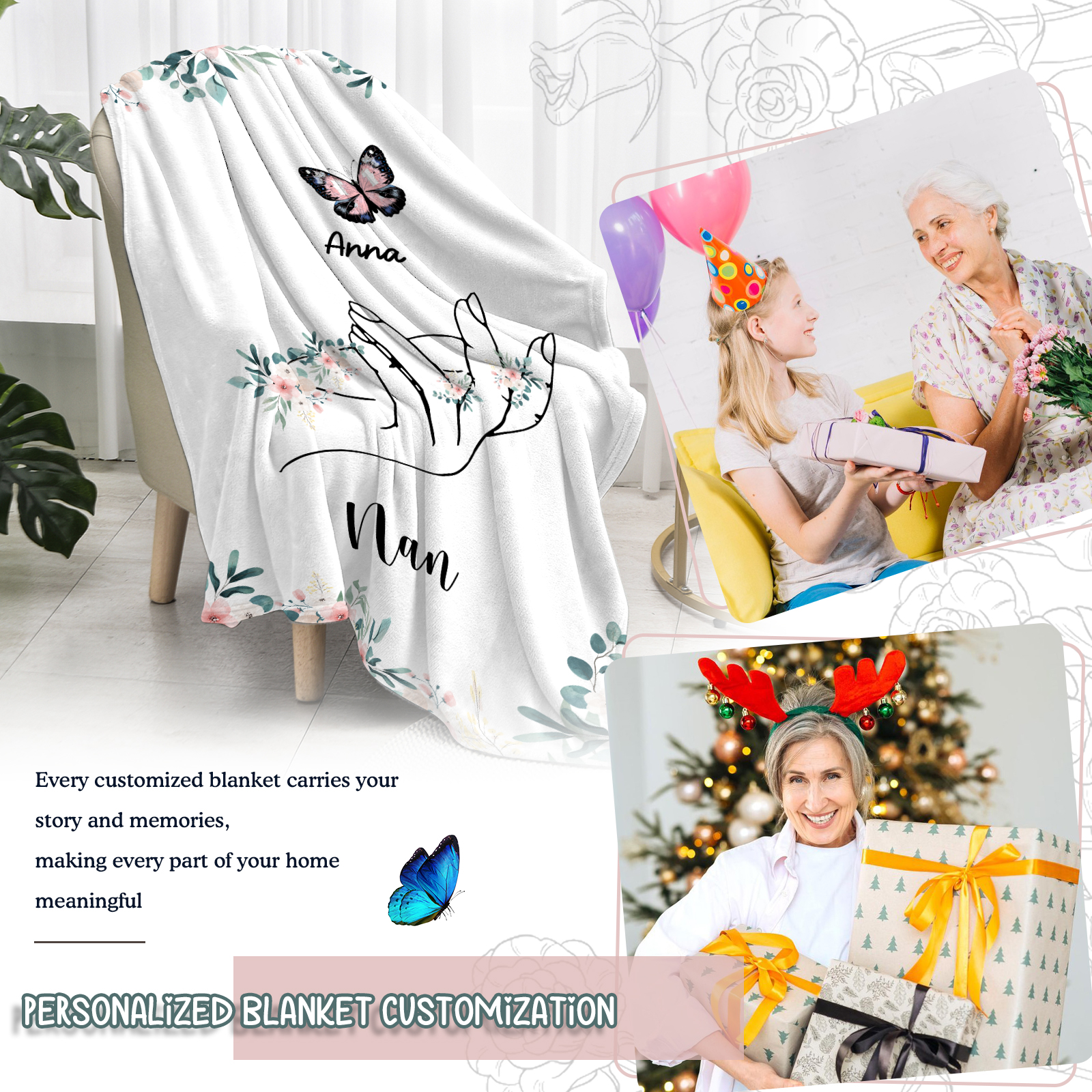 Personalised Butterfly Hand Blanket Custom with 1-8 Names Gift for Grandma Nana or Family-Jessemade AU