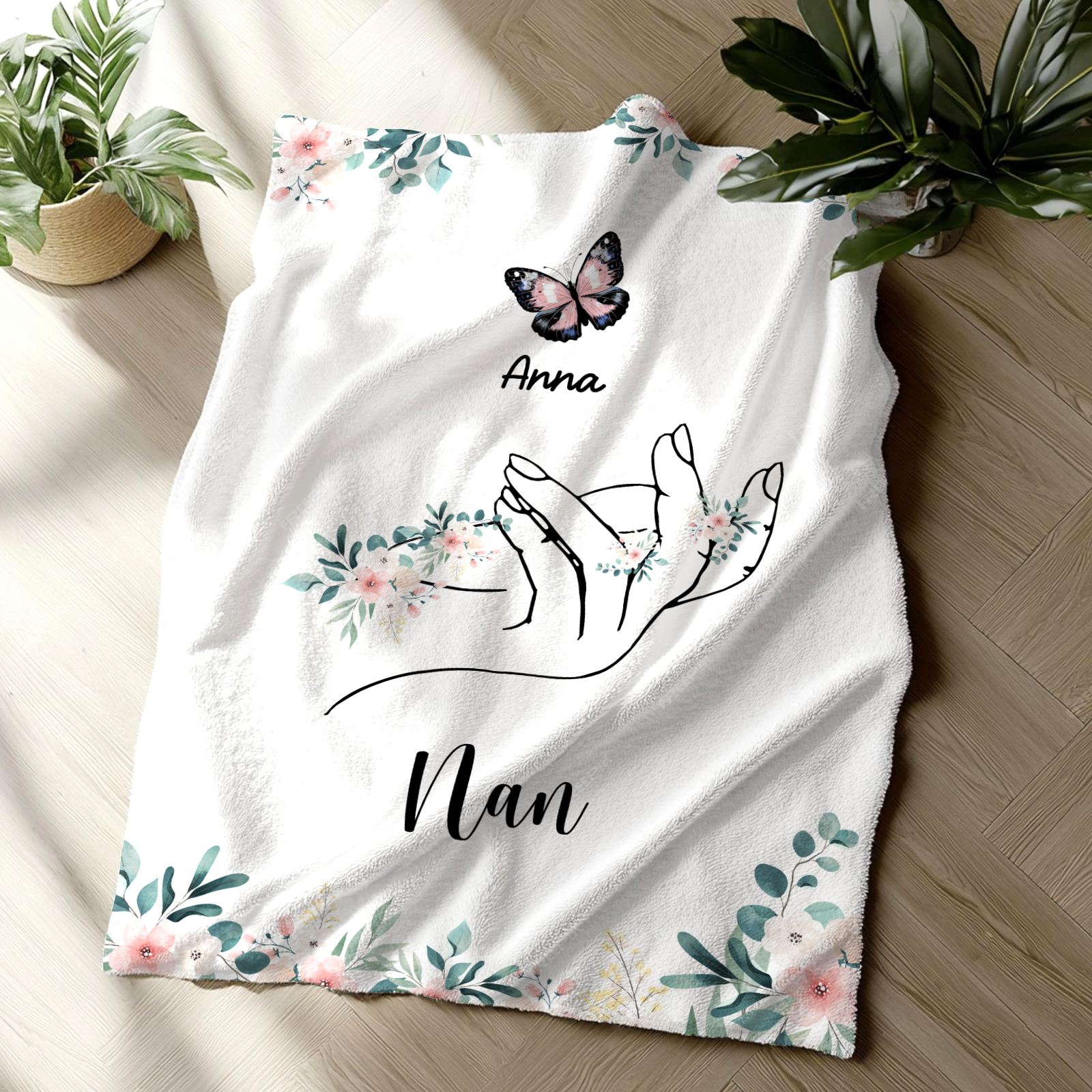 Personalised Butterfly Hand Blanket Custom with 1-8 Names Gift for Grandma Nana or Family