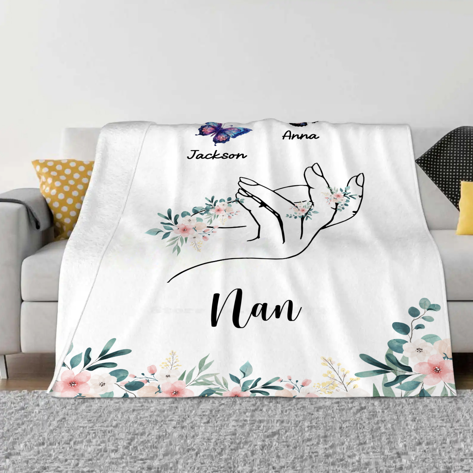 Personalised Butterfly Hand Blanket Custom with 1-8 Names Gift for Grandma Nana or Family-Jessemade AU