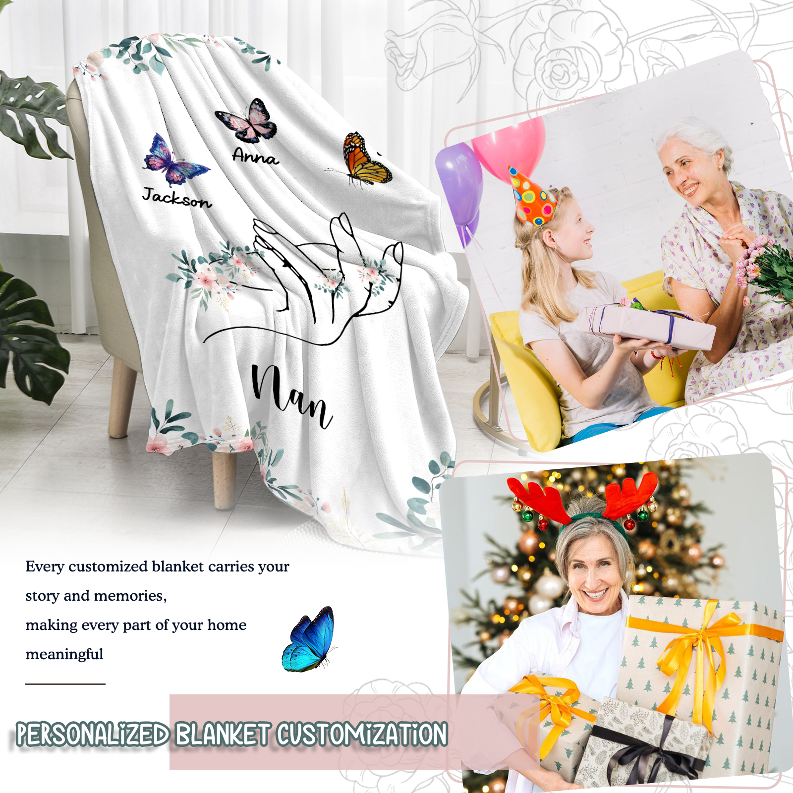 Personalised Butterfly Hand Blanket Custom with 1-8 Names Gift for Grandma Nana or Family-Jessemade AU