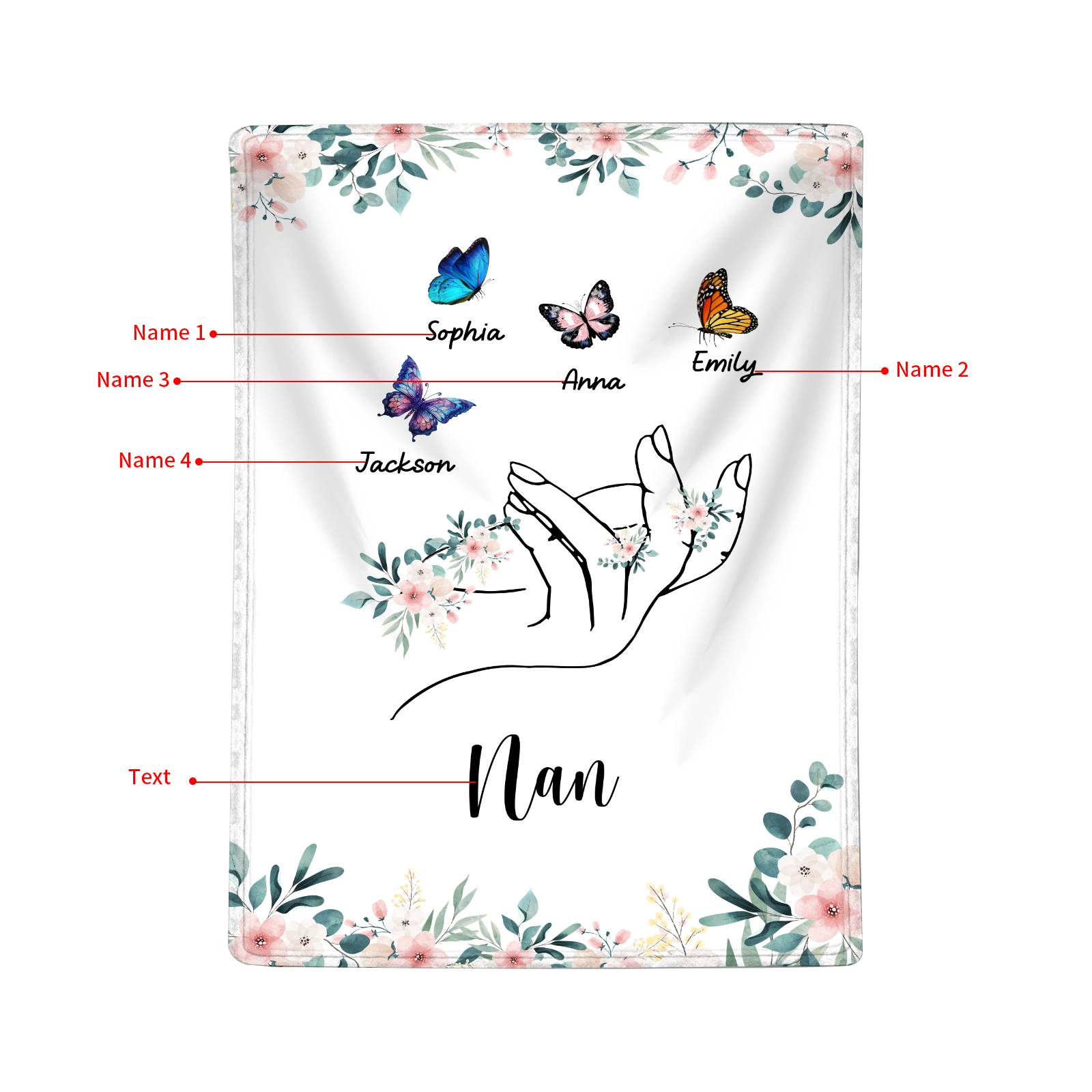 Personalised Butterfly Hand Blanket Custom with 1-8 Names Gift for Grandma Nana or Family-Jessemade AU