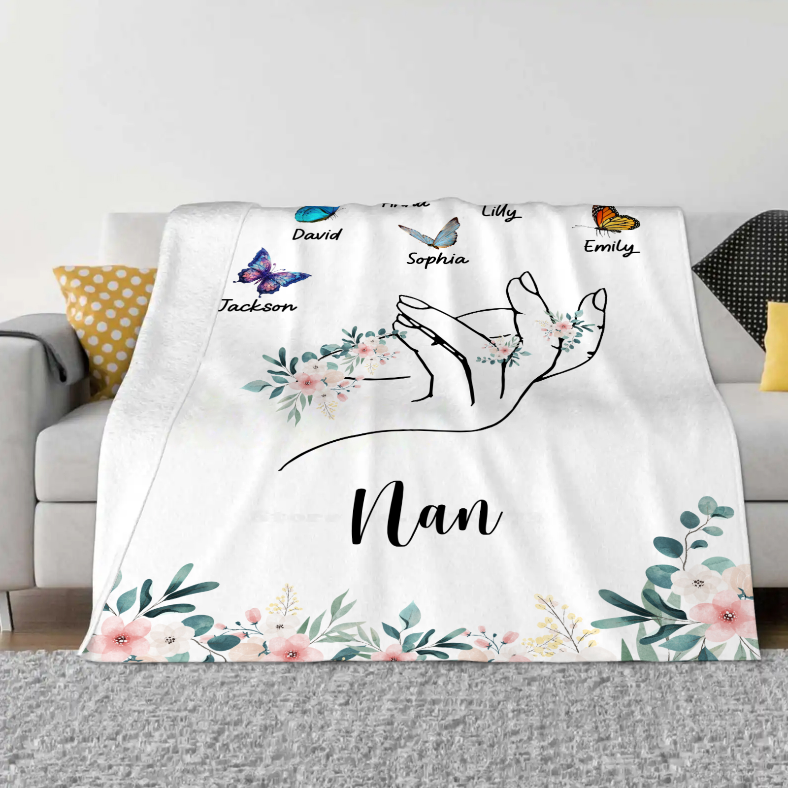 Personalised Butterfly Hand Blanket Custom with 1-8 Names Gift for Grandma Nana or Family-Jessemade AU