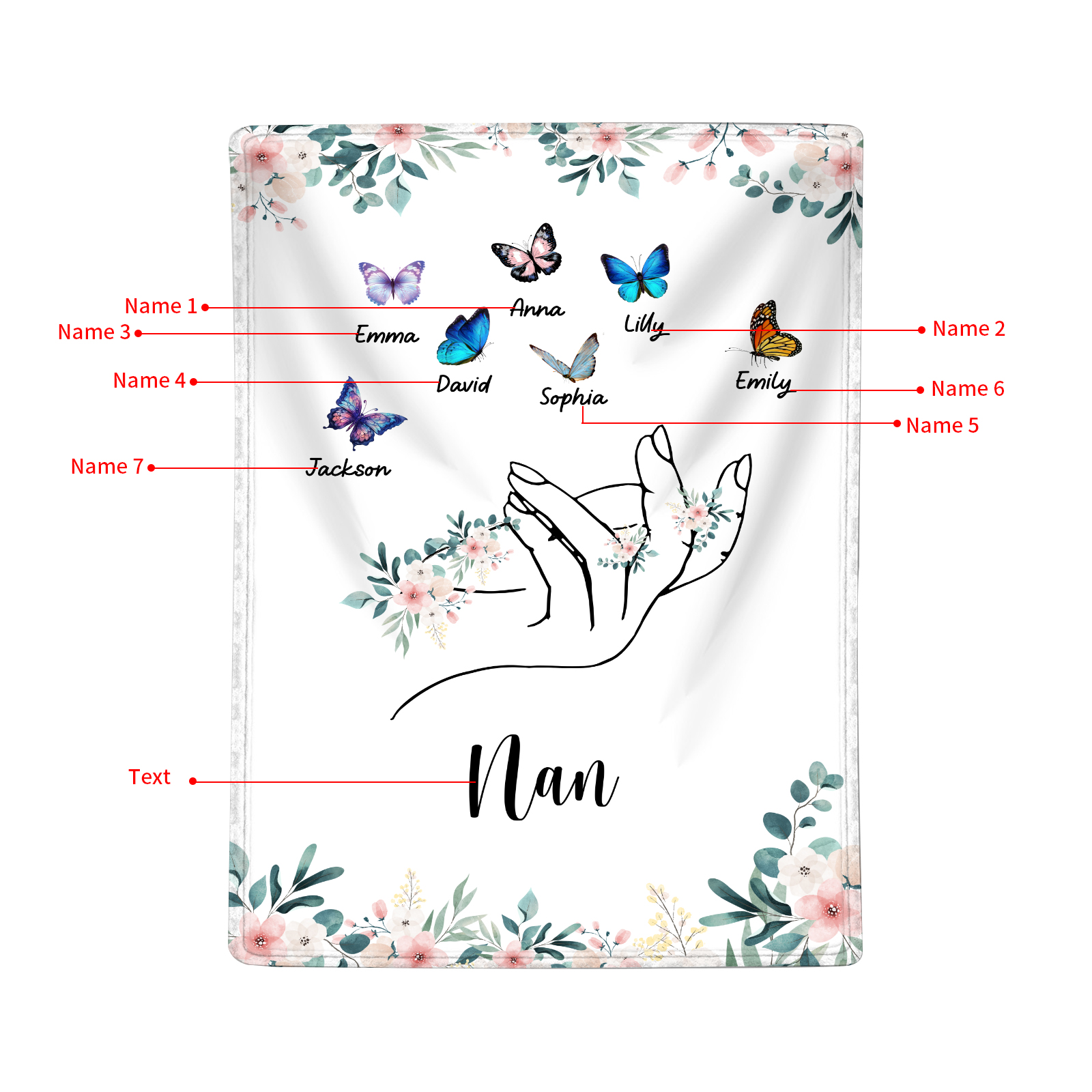Personalised Butterfly Hand Blanket Custom with 1-8 Names Gift for Grandma Nana or Family-Jessemade AU