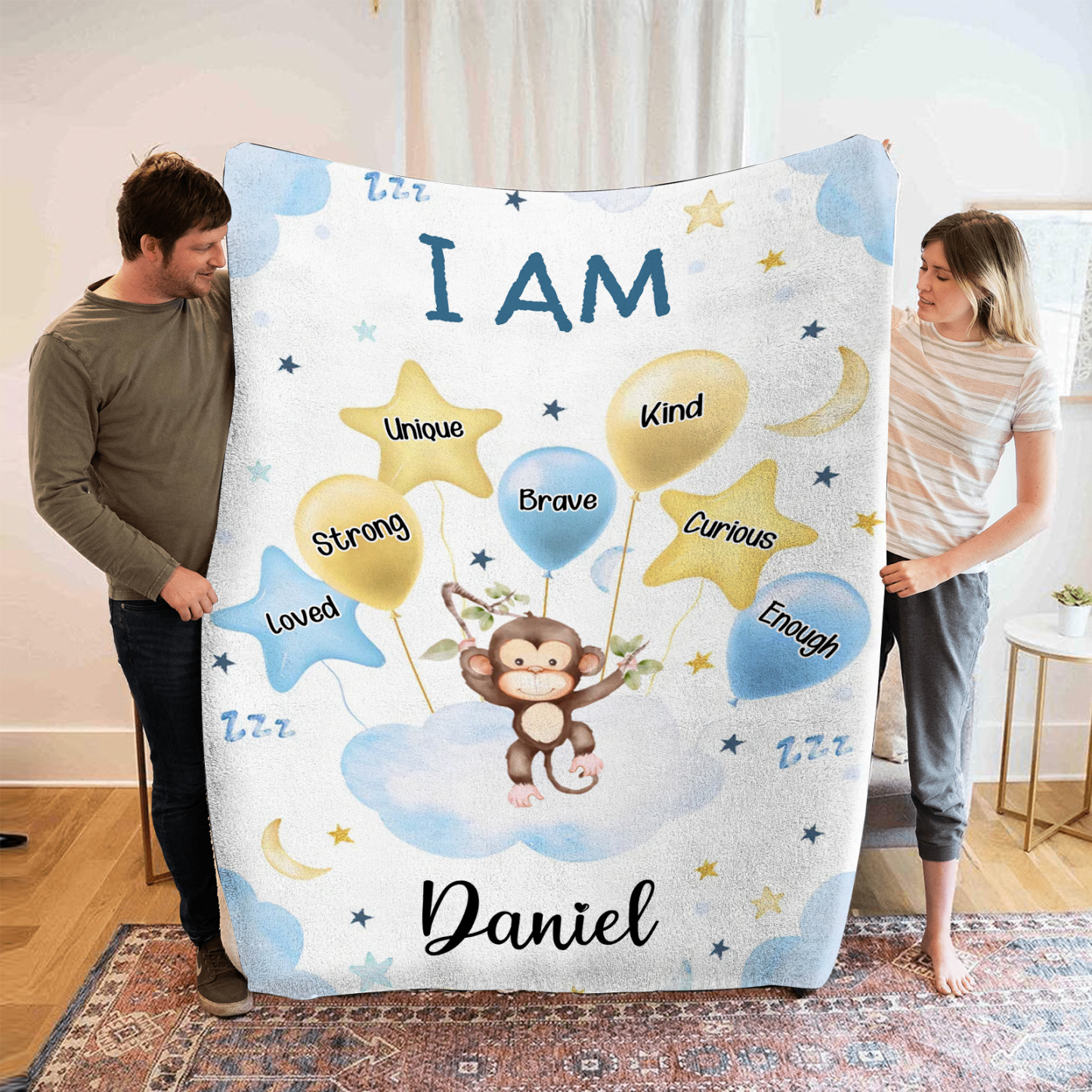 Personalised 1 Name Flannel Blanket in Blue with 10 Different Cute Ani