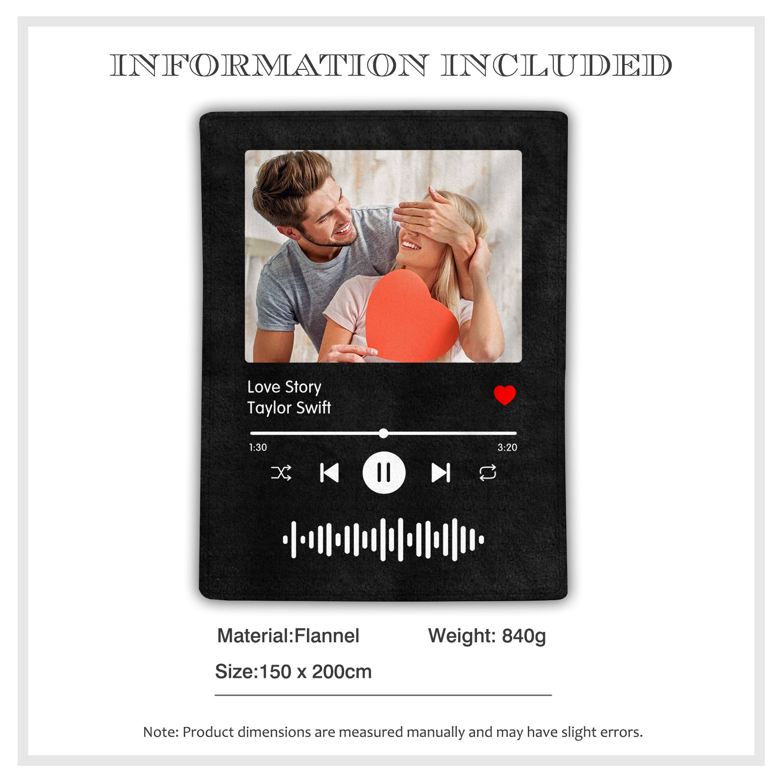 Personalised Blanket with Photo and Music Flannel Blanket for Couple