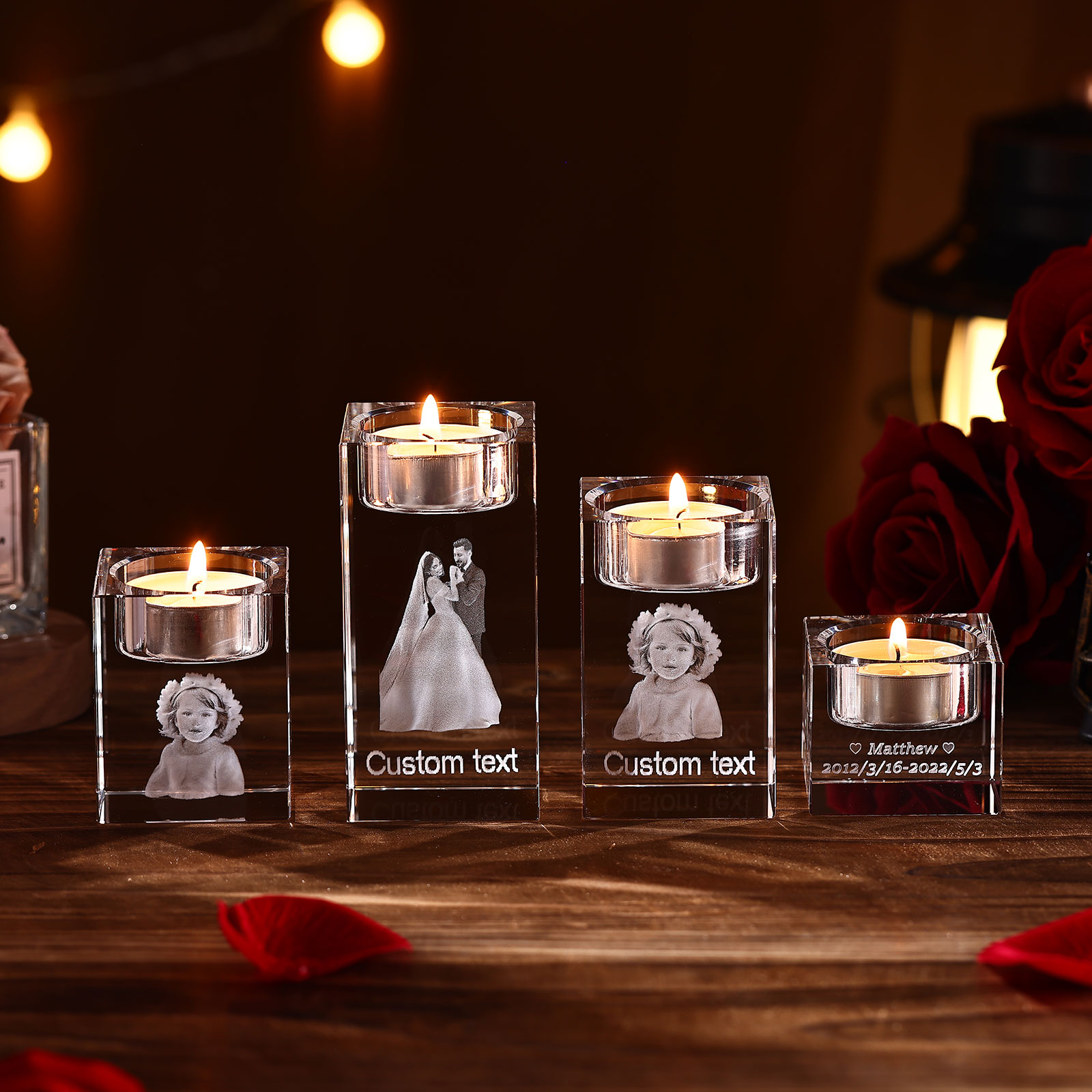 Personalised Crystal Candle Holder Engraved 3D Photo Gift for Family