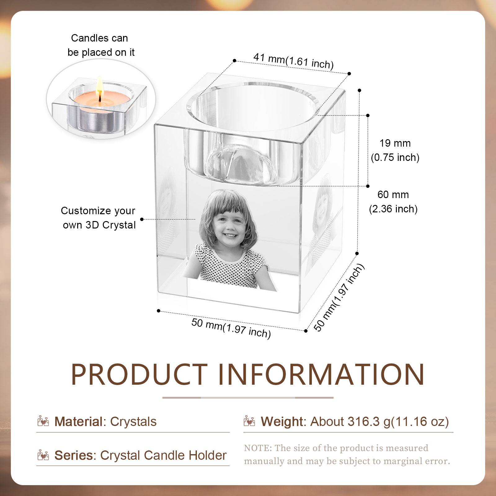 Personalised Crystal Candle Holder Engraved 3D Photo Gift for Family