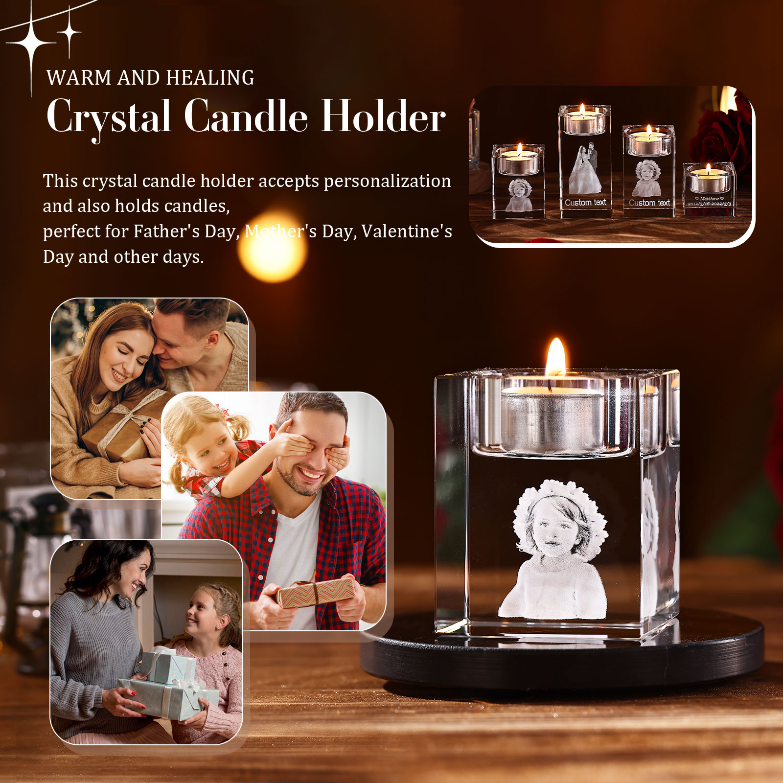 Personalised Crystal Candle Holder Engraved 3D Photo Gift for Family