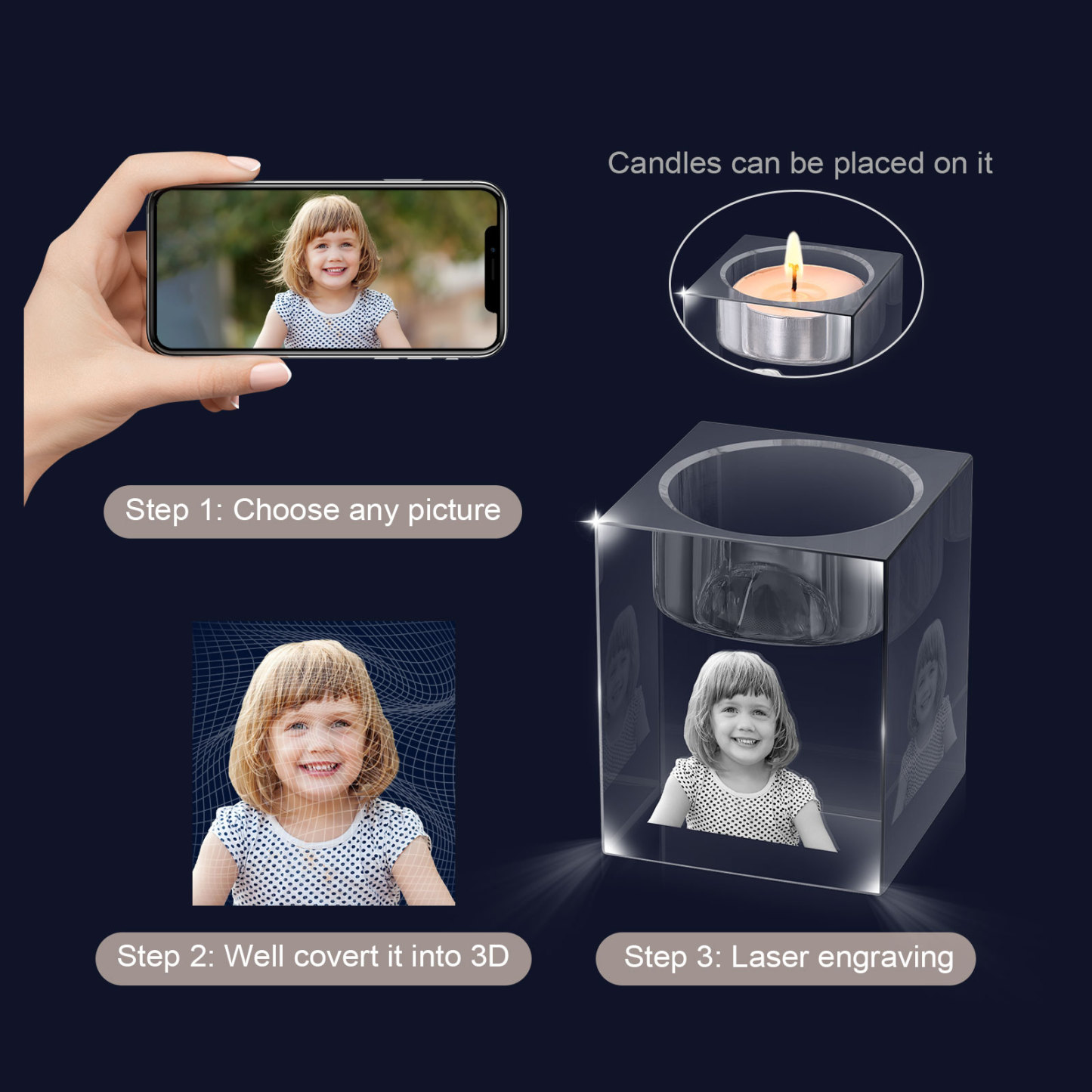 Personalised Crystal Candle Holder Engraved 3D Photo Gift for Family