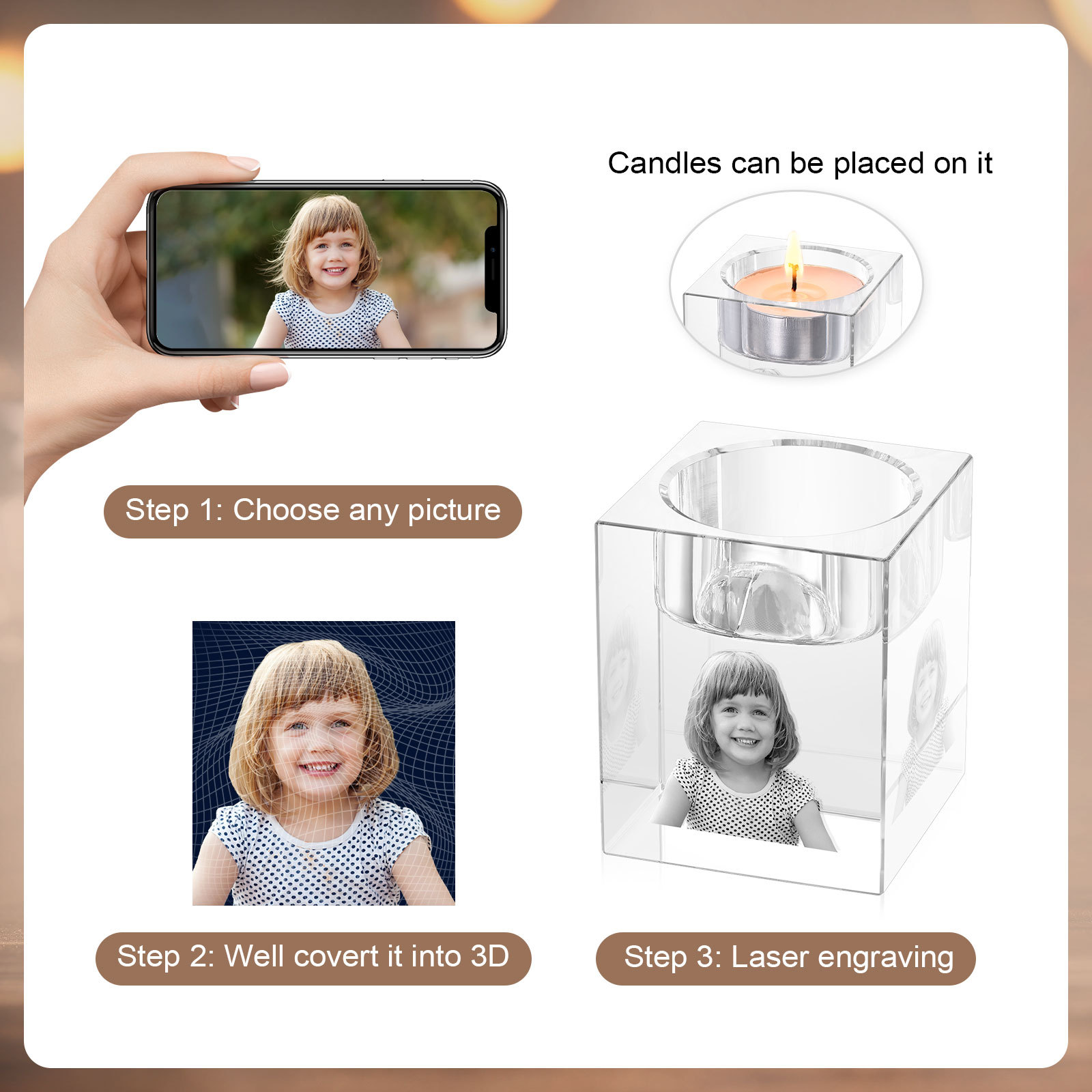 Personalised Crystal Candle Holder Engraved 3D Photo Gift for Family