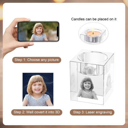 Personalised Crystal Candle Holder Engraved 3D Photo Gift for Family