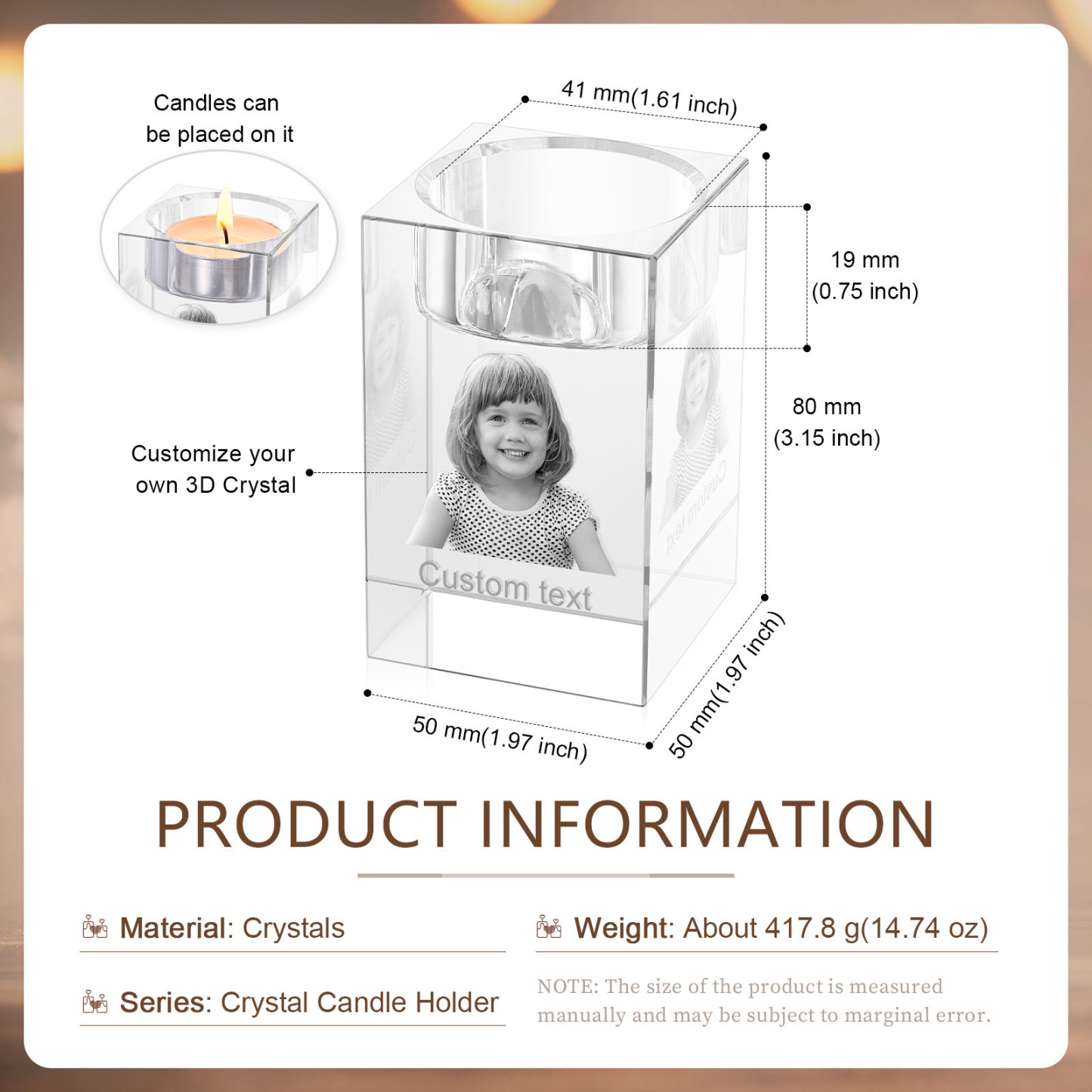 Personalised Crystal Candle Holder Engraved 3D Photo and Text Gift for Couples