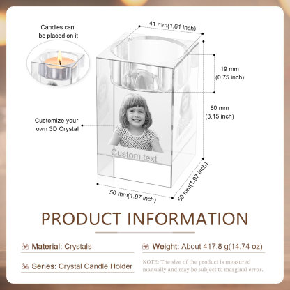 Personalised Crystal Candle Holder Engraved 3D Photo and Text Gift for Couples