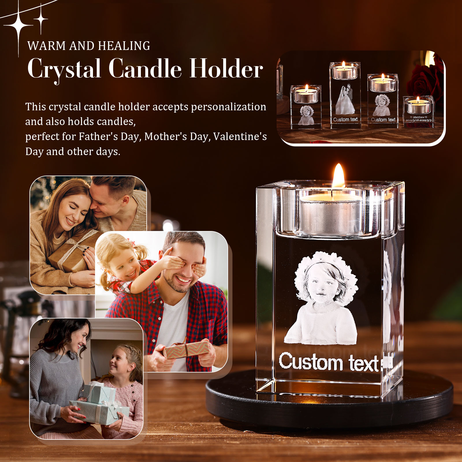 Personalised Crystal Candle Holder Engraved 3D Photo and Text Gift for Couples