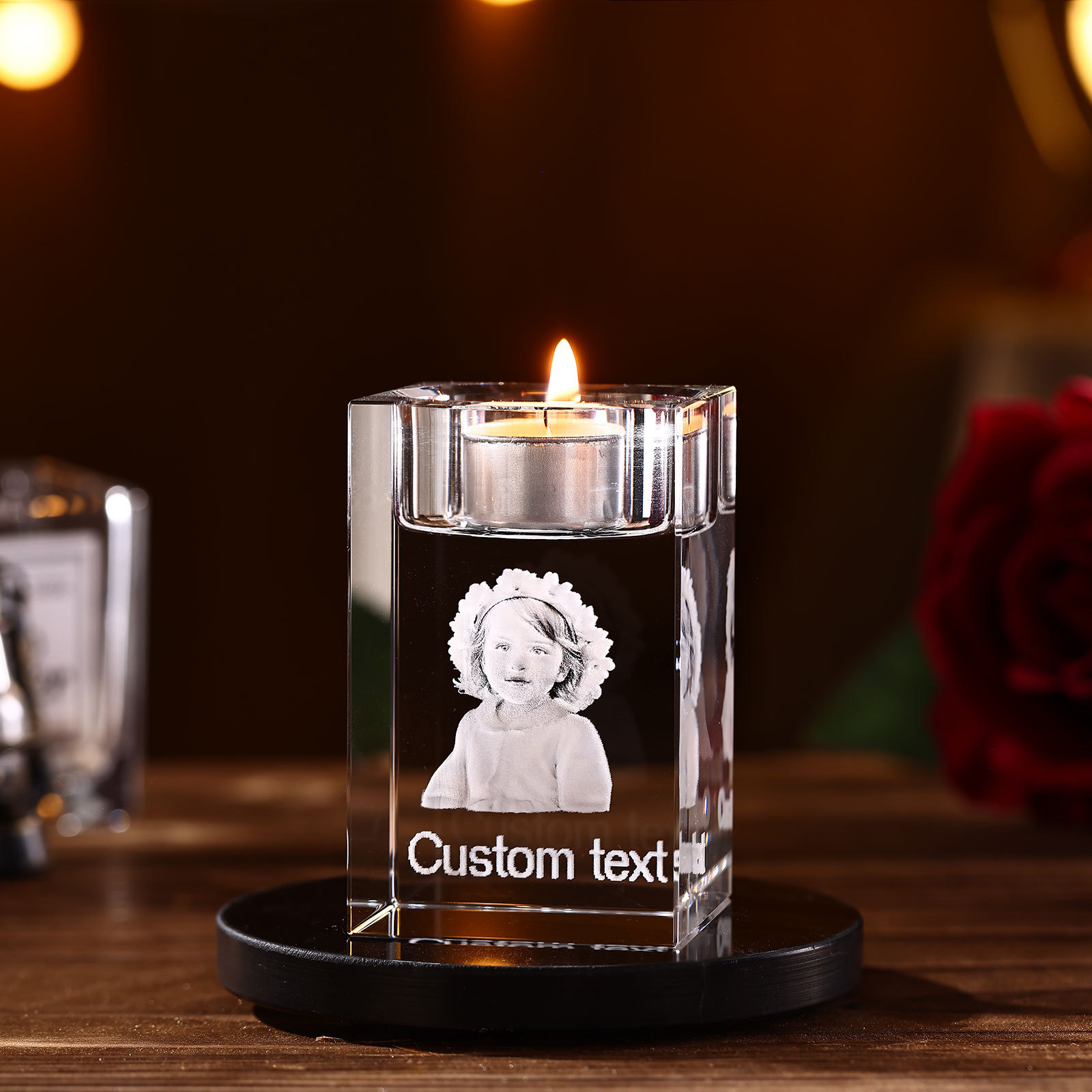 Personalised Crystal Candle Holder Engraved 3D Photo and Text Gift for Couples