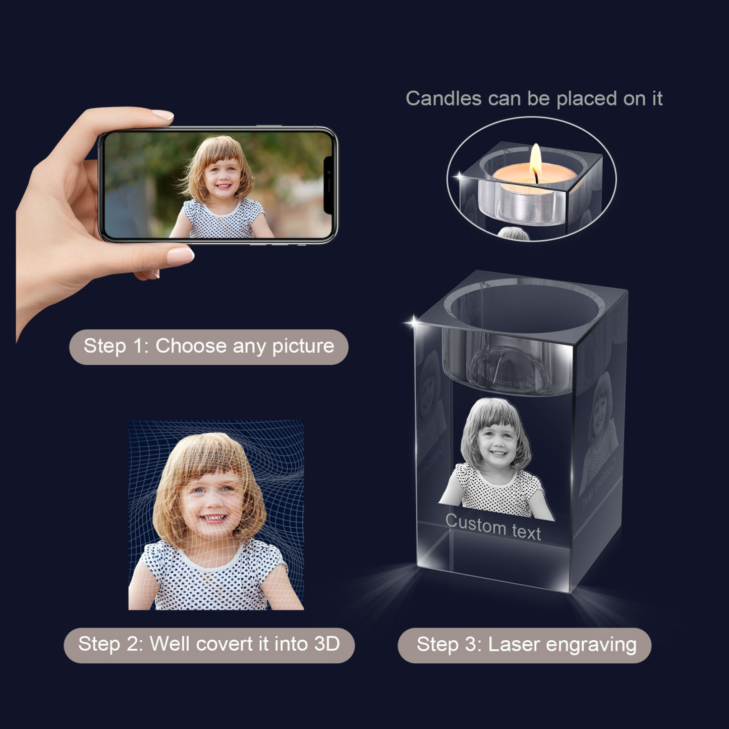 Personalised Crystal Candle Holder Engraved 3D Photo and Text Gift for Couples